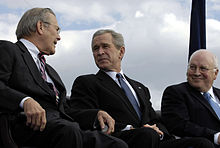 Cheney (far right) with former Defense Secretary Donald Rumsfeld and President Bush