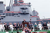 Secretary of Defense Cheney delivering a speech before the launch of destroyer USS Arleigh Burke