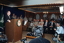 Secretary of Defense Cheney during a press conference on the Gulf War