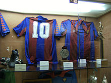 Diego Maradona's blaugrana shirt at display in FC Barcelona Museum.