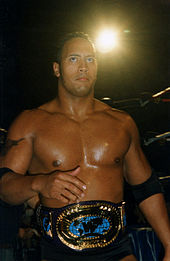 The Rock as Intercontinental Champion, during his time with the Nation of Domination, at WWF Mayhem in Manchester, April 1998.