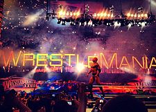 The Rock celebrating his victory at WrestleMania 28.
