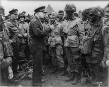 Eisenhower with U.S. paratroopers of the 502d Parachute Infantry Regiment, 101st Airborne Division on June 5, 1944