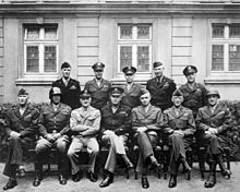 From left, front row includes army officers Simpson, Patton, Spaatz, Eisenhower, Bradley, Hodges and Gerow in 1945