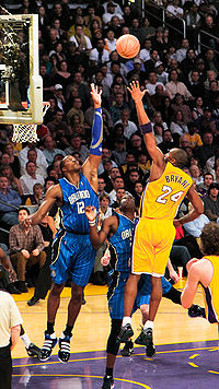 Howard contests a shot by Kobe Bryant of the Los Angeles Lakers