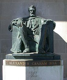 Bell statue by A.E. Cleeve Horne, similar in style to the Lincoln Memorial, in the front portico of the Bell Telephone Building of Brantford, Ontario, The Telephone City.[N 32] (Courtesy: Brantford Heritage Inventory, City of Brantford, Ontario, Canada)