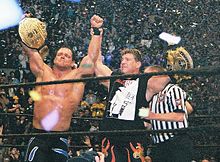 Guerrero, with close friend Chris Benoit celebrating as reigning World Champions at WrestleMania XX.
