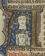 Early fourteenth-century manuscript initial showing Edward and his wife Eleanor. The artist has perhaps tried to depict Edward's blepharoptosis, a trait he inherited from his father.[1]