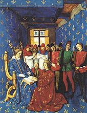 Homage of Edward I (kneeling) to Philip IV (seated). As Duke of Aquitaine, Edward was a vassal of the French king.