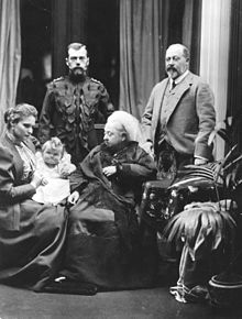 Edward (right) with his mother (centre) and Russian relations: Tsar Nicholas II (left), Empress Alexandra and baby Grand Duchess Olga Nikolaevna, 1896