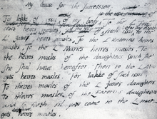 In his "devise for the succession", Edward passed over his sisters' claims to the throne in favour of Lady Jane Grey. In the fourth line, he altered "L Janes heires masles" to "L Jane and her heires masles".