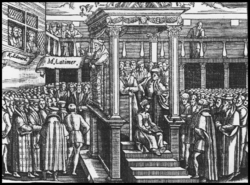 A contemporary woodcut of Hugh Latimer preaching to King Edward and a crowd of courtiers from a pulpit in the privy garden at the Palace of Whitehall. Published in John Foxe's Acts and Monuments in 1563.[194]