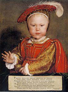 Prince Edward in 1539, by Hans Holbein the Younger. He holds a golden rattle that resembles a sceptre; and the Latin inscription urges him to equal or surpass his father.[2]