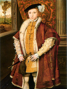 Edward as Prince of Wales, 1546. He wears the Prince of Wales's feathers and crown on the pendant jewel.[8]