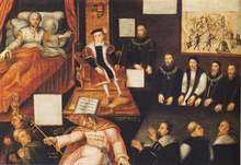 Edward VI and the Pope: An Allegory of the Reformation. This Elizabethan work of propaganda depicts the handing over of power from Henry VIII, who lies dying in bed, to Edward VI, seated beneath a cloth of state with a slumping pope at his feet. In the top right of the picture is an image of men pulling down and smashing idols. At Edward's side are his uncle the Lord Protector Edward Seymour and members of the Privy Council.[51]