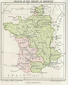 Map showing the area (in pink) gained by England through the Treaty of Brétigny.