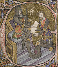 King Edward III grants Aquitaine to his son Edward, the Black Prince. Initial letter "E" of miniature, 1390; British Library, shelfmark: Cotton MS Nero D VI, f.31