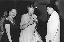 Roosevelt with President Ramon Magsaysay, the 7th President of the Philippines, and his wife at the Malacañan Palace in 1955.