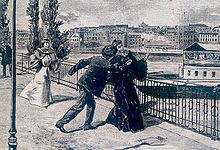 An artist's rendition of the stabbing of Elisabeth by the Italian anarchist Luigi Lucheni in Geneva, 10 September 1898