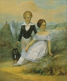 Elisabeth at 11 years, her brother Karl Theodor, Duke in Bavaria, and their dog "Bummerl" at Possenhofen Castle