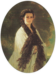 Portrait of Elisabeth depicting her long hair (by Franz Xaver Winterhalter, 1864), one of two so-called "intimate" portraits of the empress; although its existence was kept a secret from the general public, it was the emperor's favourite portrait of her and kept opposite his desk in his private study