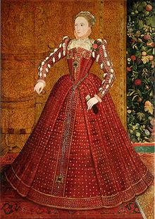 The "Hampden" portrait, by Steven van der Meulen, ca. 1563. This is the earliest full-length portrait of the queen, made before the emergence of symbolic portraits representing the iconography of the "Virgin Queen".[76]