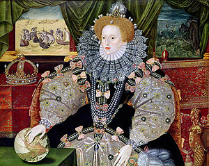 Portrait of Elizabeth to commemorate the defeat of the Spanish Armada (1588), depicted in the background. Elizabeth's hand rests on the globe, symbolising her international power.
