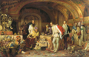 Ivan the Terrible shows his treasures to Elizabeth's ambassador. Painting by Alexander Litovchenko, 1875