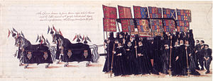 Elizabeth's funeral cortège, 1603, with banners of her royal ancestors