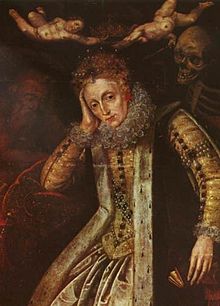 Elizabeth I, painted after 1620, during the first revival of interest in her reign. Time sleeps on her right and Death looks over her left shoulder; two putti hold the crown above her head.[185]