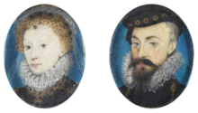 Elizabeth and her favourite, Robert Dudley, Earl of Leicester, c. 1575. Pair of stamp-sized miniatures by Nicholas Hilliard.[51] The Queen's friendship with Dudley lasted for over thirty years, until his death.