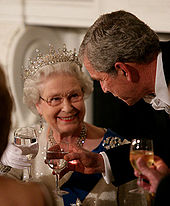 Elizabeth II and George W. Bush share a toast during a state dinner at the White House, 7 May 2007