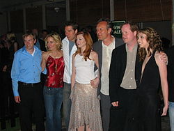 (From left to right) Tom Lenk, Emma Caulfield, Denisof, Alyson Hannigan, Anthony Stewart Head, Joss Whedon, Michelle Trachtenberg at the Buffy cast party.