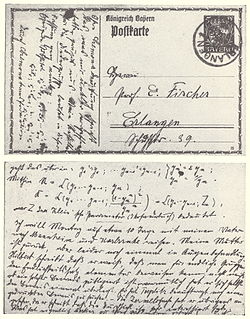 Noether sometimes used postcards to discuss abstract algebra with her colleague, Ernst Fischer; this card is postmarked 10 April 1915