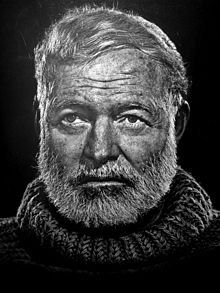 Noted 1957 black-and-white art photo of Hemingway by Yousuf Karsh. By this time Hemingway was routinely combing his hair over the bald spot on the top of his head.