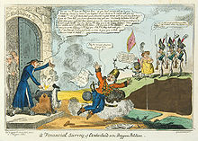 A George Cruikshank cartoon mocking Ernest at the 1815 defeat of his increased allowance. The brown section at lower right covers an image of the ghost of Sellis (visible if enlarged), who hints at the Duke's involvement in his death (Cruikshank self-censored most copies for fear of a libel suit).[28]