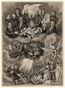 Political cartoon supporting the Reform Act; King William sits above the clouds, surrounded by Whig politicians, below Britannia and the British Lion cause the Tories (Ernest, second from left) to flee.