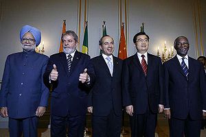 A meeting of leaders of emerging economies in Berlin, coordinated by Felipe Calderón (center). From left to right: Manmohan Singh of India, Luiz Inácio Lula da Silva of Brazil, Calderón, Hu Jintao of the People's Republic of China and Thabo Mbeki of South Africa.