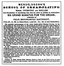 Advertisement for the Organ Sonatas in the Musical World, 24 July 1845