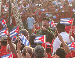 Castro amid cheering crowds supporting his presidency in 2005.