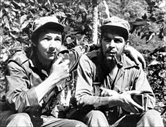 Fidel’s brother Raúl Castro (left) and Argentine friend Che Guevara (right). As Castro would later relate: "[Che] distinguished himself in so many ways, through so many fine qualities... As a man, as an extraordinary human being. He was also a person of great culture, a person of great intelligence. And with military qualities as well. Che was a doctor who became a soldier without ceasing for a single minute to be a doctor."[80]