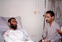 Mohammad-Ali Rajai visiting Khamenei in hospital after an assassination attempt by the People's Mujahedin of Iran on 27 June 1981