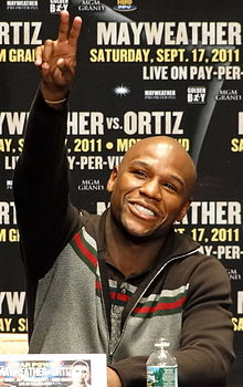 Mayweather photographed at the Mayweather-Ortiz press conference on June 28, 2011