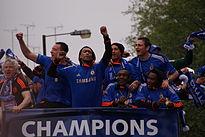 Chelsea players celebrate winning the UEFA Champions League