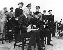 Roosevelt and Winston Churchill aboard HMS Prince of Wales for 1941 Atlantic Charter meeting.