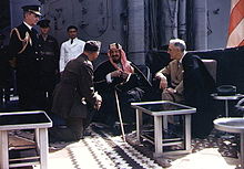Roosevelt meets with King Abdul-Aziz of Saudi Arabia on board the USS Quincy at the Great Bitter Lake