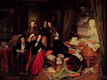 Franz Liszt Fantasizing at the Piano (1840), by Danhauser, commissioned by Conrad Graf. The imagined gathering shows seated Alfred de Musset or Alexandre Dumas, George Sand, Franz Liszt, Marie d'Agoult; standing Hector Berlioz or Victor Hugo, Niccolò Paganini, Gioachino Rossini; a bust of Beethoven on the grand piano (a "Graf"), a portrait of Lord Byron on the wall, a statue of Joan of Arc on the far left.[38][39][40]