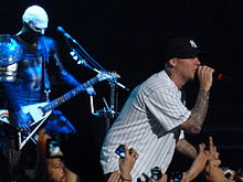 Wes Borland and Fred Durst performing with Limp Bizkit at the Movistar Arena in Santiago, Chile on July 21, 2011.