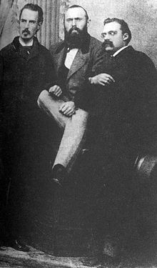 Mid-October 1871. From left: Erwin Rohde, Karl von Gersdorff, Nietzsche.