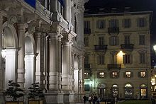 The house Nietzsche stayed in while in Turin (background, right), as seen from across Piazza Carlo Alberto, where he is said to have had his breakdown. To the left is the rear façade of the Palazzo Carignano.